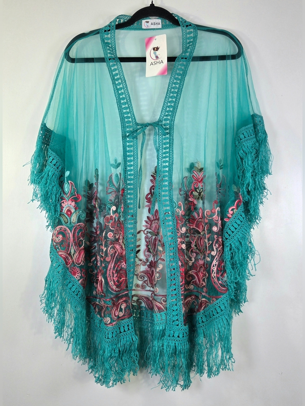 NWT ASHA FLORAL TEAL EMBROIDERED MESH KIMONO COVER UP.